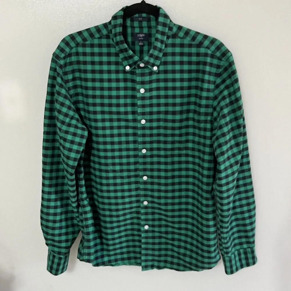 J.Crew Shirt Mens Green Plaid Button Down Slim Fit Oxford Collared Cotton L